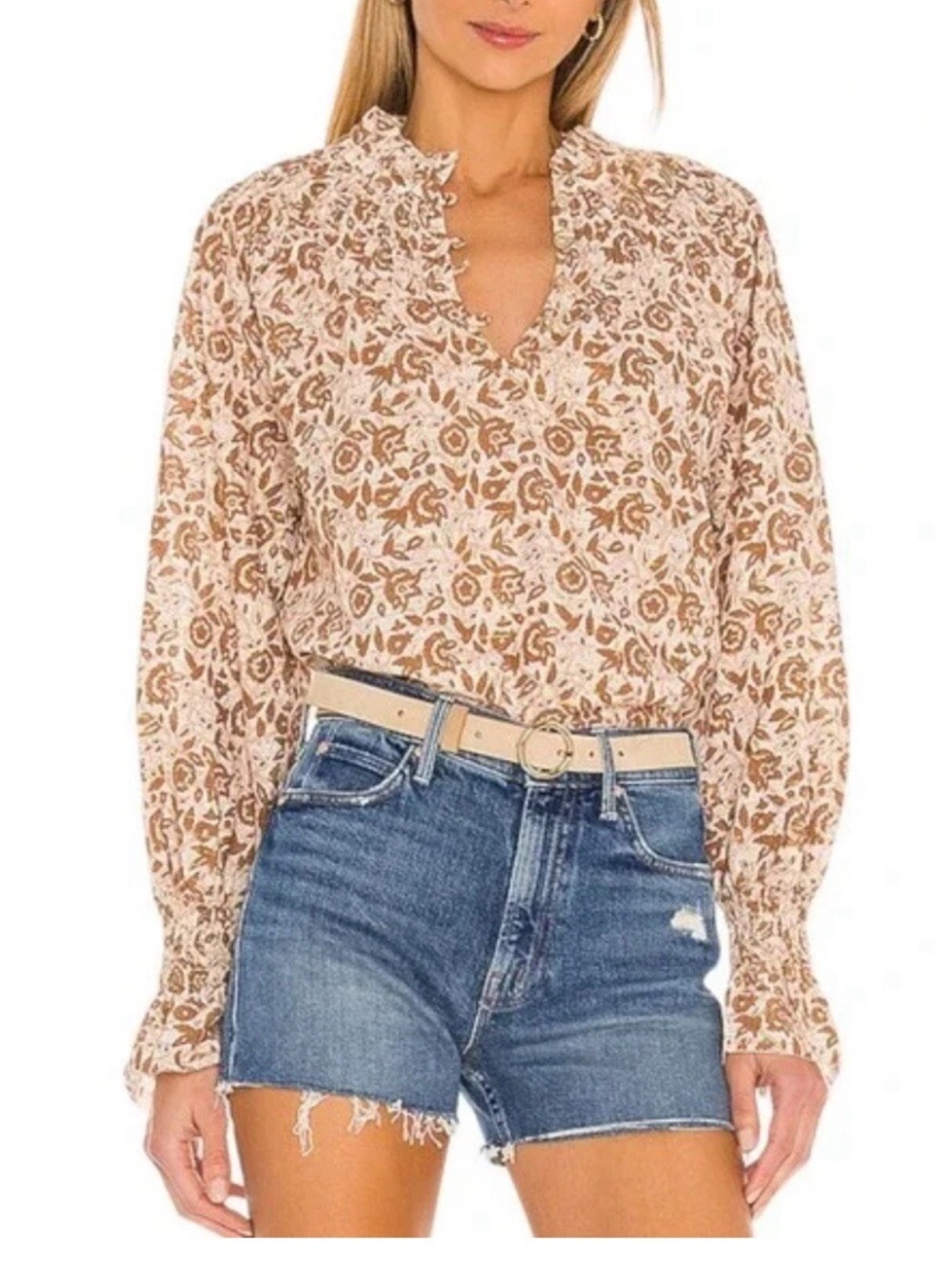 Cleobella Beige Floral V-Neck Ruffled Blouse